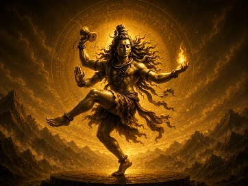 Tandav dance pose in a glowing devotional setting
